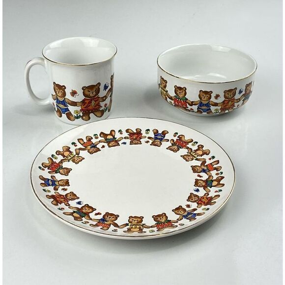 Vintage Bear Friends Action Industries Japan Child Toddler 3 Piece Dining Set DR - Picture 2 of 11